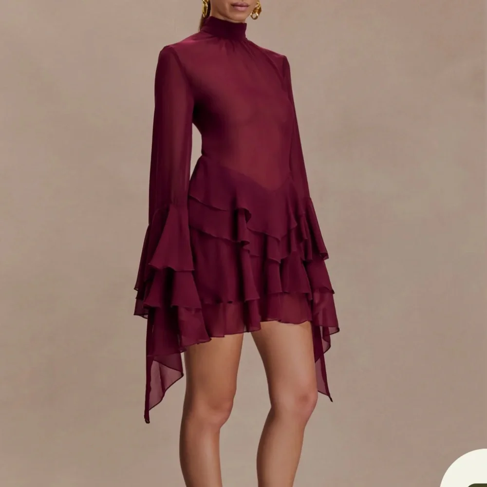 Meshki Burgundy Long Sleeve Ruffle Dress - Picture 2 of 5